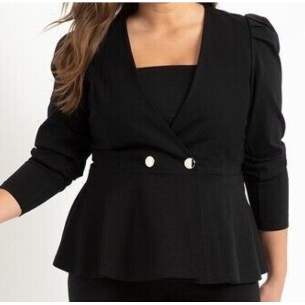 Eloquii Peplum Top Double Breasted Puff Sleeve Black 14 Office Chic Professional